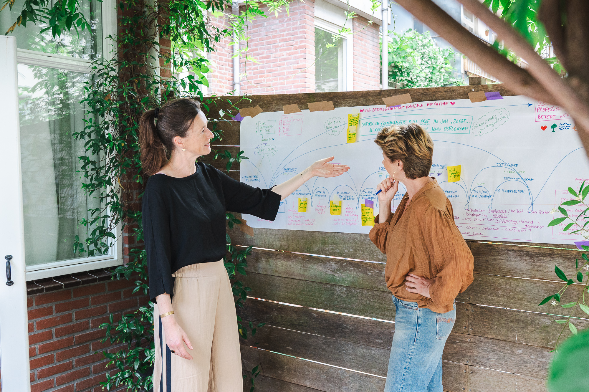 Katja en Ragini bespreken een grote tekening aan de wand